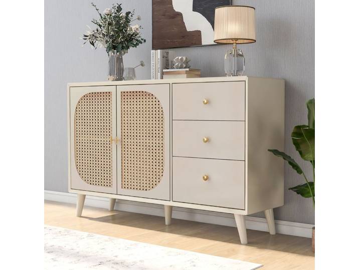 HOMVRA Buffet Moderne 120x40x82 5 cm avec 2 Portes en Rotin Tressé et 3 Tiroirs Blanc Cassé