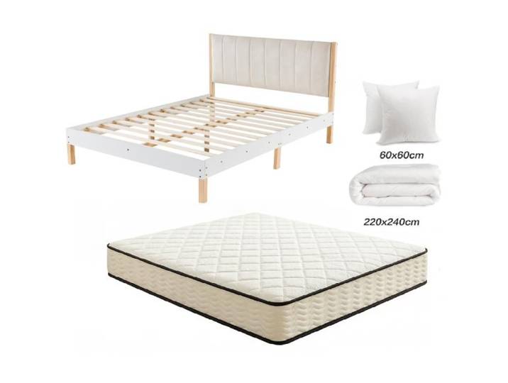 Pack Matelas + Lit double en bois + Couette + deux Oreillers