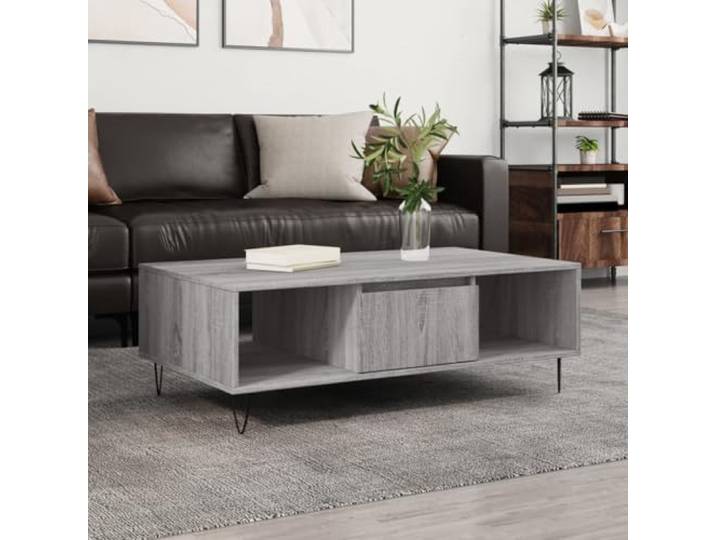 HEFZGDB Couchtisch Grau Sonoma 104x60x35 cm Holzwerkstoff mit 3 Fächern Stauraum und Eisen-Gestell für Robustheit, Wohnzimmertisch mit robuster Tischplatte und glatter Oberfläche,