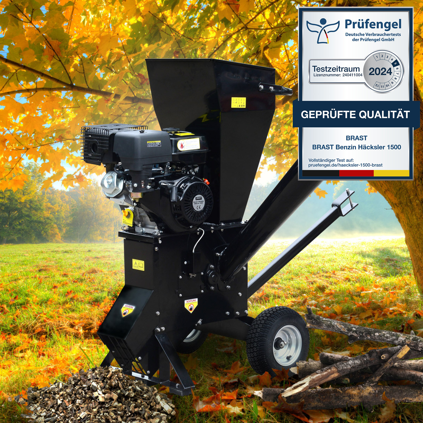 BRAST Häcksler Schredder Gartenhäcksler Benzin | 11kW(15PS) | Aststärke 102mm | 2 Messersysteme mit 22 Messer | Deichsel & Griff