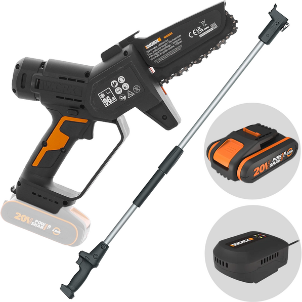 Worx WG326E - Potatore manuale a batteria + asta di prolunga 125cm - 20V 2Ah
