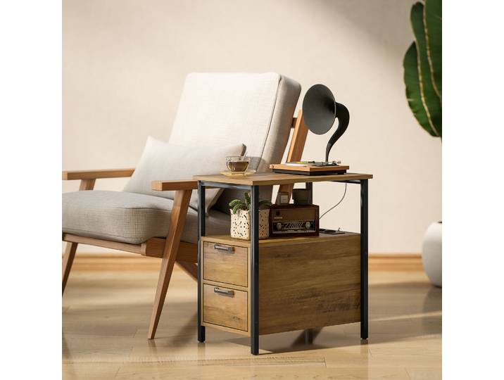 HOMCOM Table de Chevet Bois Naturel USB & Tiroirs