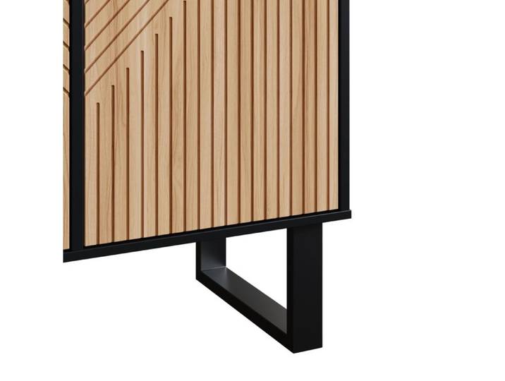 WUVRIE Buffet bas 160 cm 4 portes noir et naturel façades rainurées 3D structure en métal