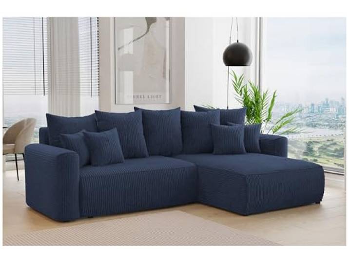 MEBLINI Schlafcouch mit Bettkasten - 260x160x78cm - Blau Cordstoff - Bali - Kleines Ecksofa mit Schlaffunktion - Sofa mit Relaxfunktion und Kissen - Kleine Couch L-Form - Eckcouch