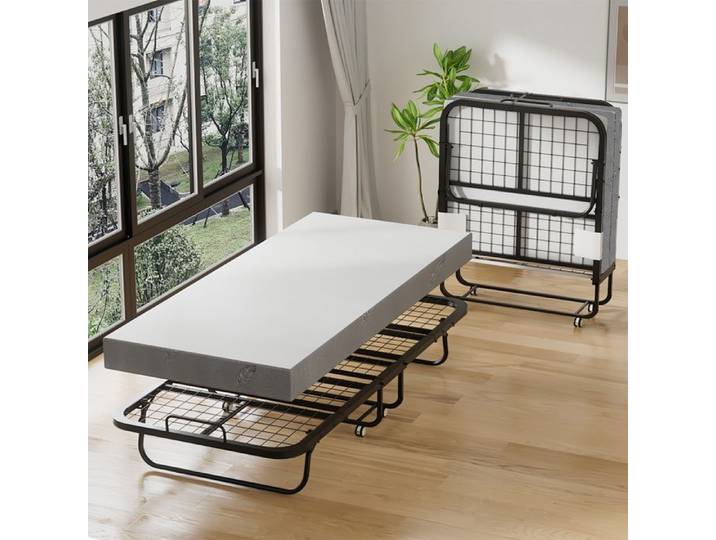 Cadre de lit cadre métallique Rectangulaire Avec matelas lit pliant lit d'appoint 4 rouleaux Bis 150 kg 90 × 200 cm Peu encombrant