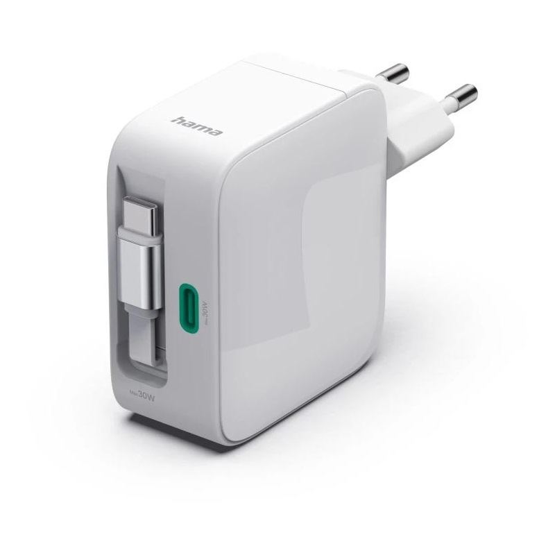 HAMA Schnellladegerät GaN ausziehbares Ladekabel PD 30W weiß