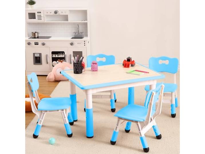 GarveeMore Höhenverstellbares Kinder Tisch- und Stuhlset (1 Tisch + 4 Stühle) – Abwischbare Graffiti-/Mal-Tischplatte, rutschfeste Beine, Aktivitäts- & Basteltisch, 2–10 Jahre, Blau
