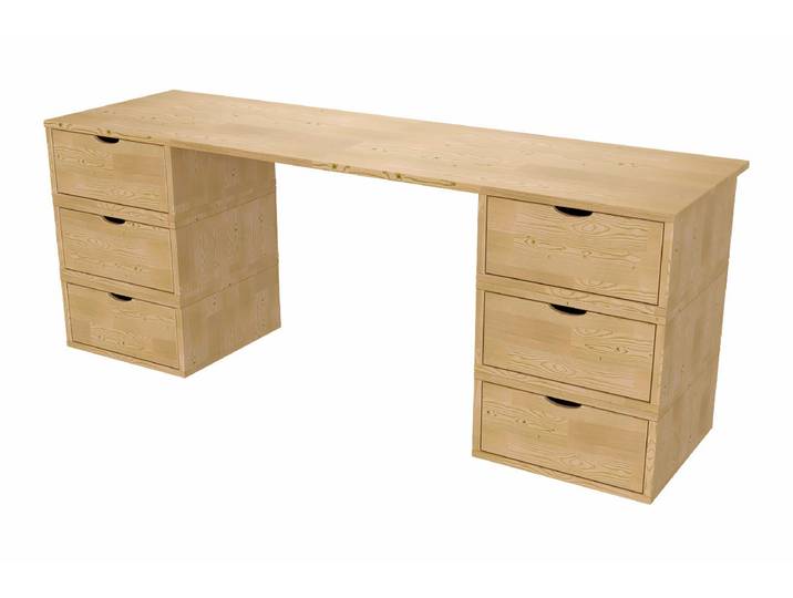 Bureau bois massif long 6 tiroirs cube Miel