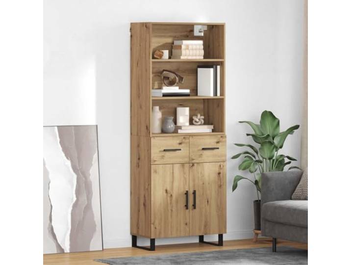 Xolmizyn Highboard-Schrank 69.5x34x180cm, Artisan-Eiche Holzwerkstoff Mit 2 Schubladen, 2 Scharniertüren, Stabile Metallbeine, Modernes Design