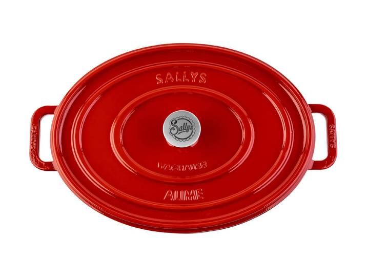 Sallys Bräter Vielseitiger Gusseisentopf ALIME, oval für Brot, Braten & Schmoren, Vollgusseisen mit hochwertiger Emaille-Beschichtung (Schmortopf mit Deckel, inklusive Noppen-Deckel, langlebig & ofenfest bis 250 °C), Gusseisenbräter, 36,5 × 26 cm / Vollgusseisen Emaille-Beschichtung