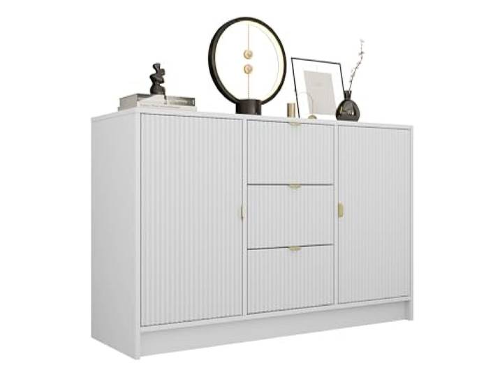 Mirjan24 Kommode Tireno 2D3SZ mit 3 Schubladen und 2 Türen (Weiß) Sideboard mit geriffelten Fronten, goldfarbenen Griffen und Stauraum für Kleidung und Accessoires, B/H/T: 118/75/40 cm