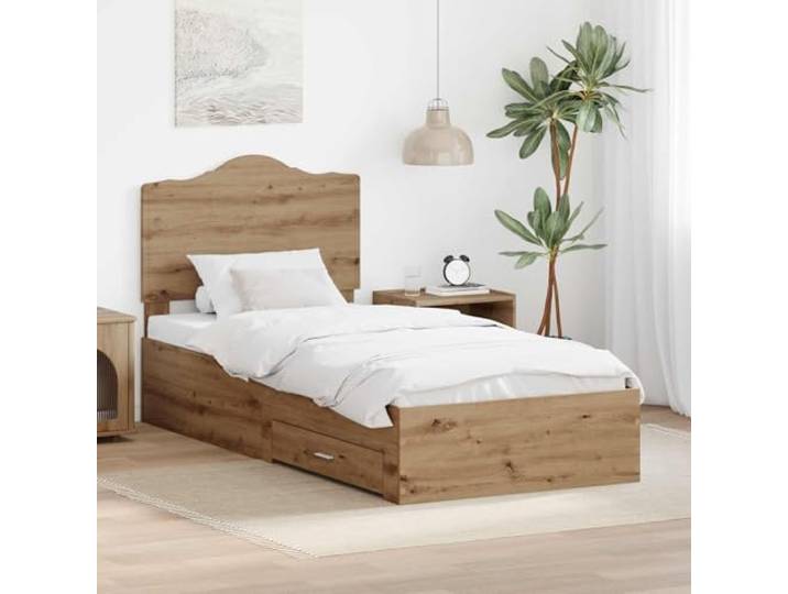 Stauraum Bettgestell aus Holzwerkstoff Schlankes Design mit Aufbewahrung Bettrahmen Artisan-Eiche 100x200 cm Holzwerkstoff mit Kopfteil Schubladen Stauraum Lattenrost Stabil Modern
