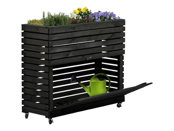 dobar® Großes Hochbeet Rolla aus Massivholz Gr. XL mit Rollen - Erhöhtes Beet mit Staufach - 72 x 32,5 x 78 cm - Anthrazit