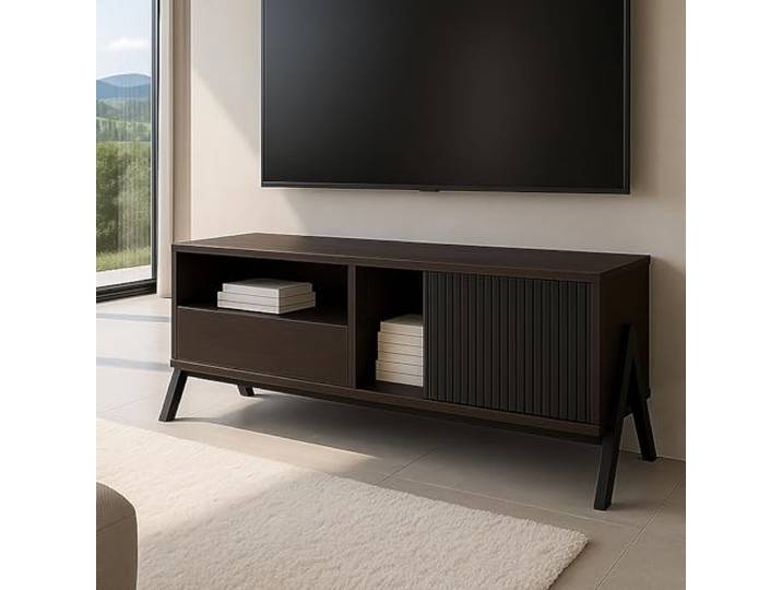 Mendler TV-Rack HWC-O40 MDF Metall Melamin 49x120x40cm - Walnuss-Optik Lowboard, TV-Schrank, Schiebetür, Staufächer, Schublade