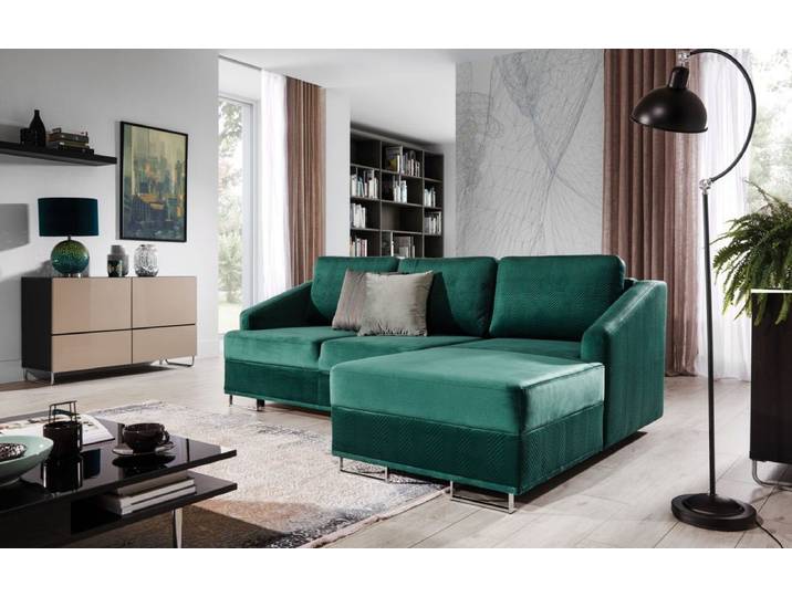 JVmoebel Ecksofa Smaragdgrüne Polstercouch mit Bettkasten und Edelstahlfüßen, Made in Europa