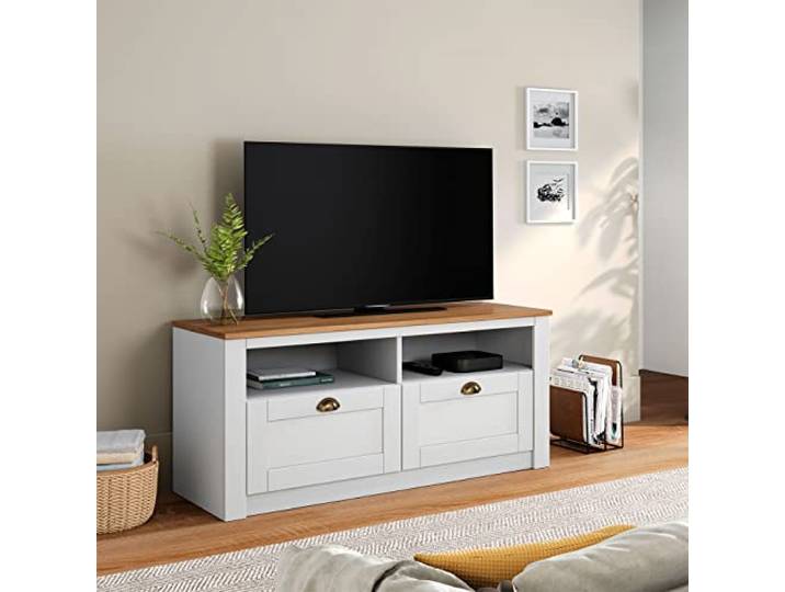 IDIMEX TV Lowboard Bolton aus massiver Kiefer in weiß/braun, TV Bank mit 2 Schubladen, praktische TV Kommode mit Muschelgriffen, TV Möbel im Landhausstil