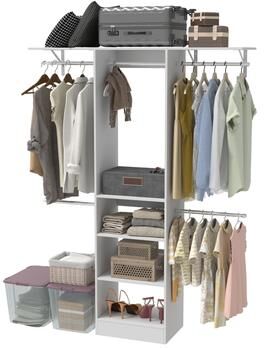 Kodotan sofa Closet System, Walk-In Organizer with Adjustable Shelves & 5 Expandable Rods, 3-5Ft, White