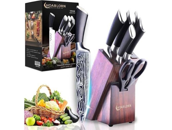 ChefHoablorn 7-TLG Messerblock Set mit Holzblock, Selbstschärfend für Kochmesserset, Edelstahl Messerset Profi Küchenmesserset Gut für Zuhause, Koch, Hochzeit, Einzugsgeschenk
