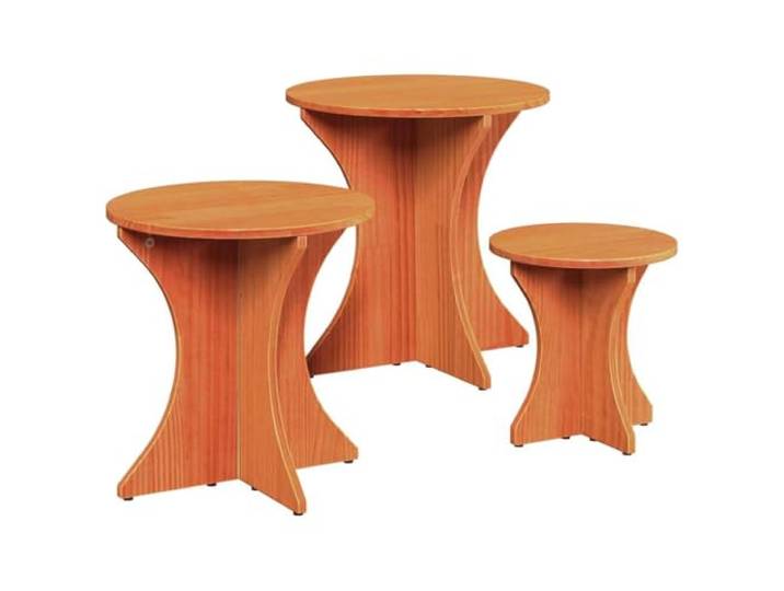 LASWWQMRF Couchtisch 3er Set Rund aus Massivholz Kiefer Wachsbraun Stapelebare Beistelltische für das Wohnzimmer sparen Platz und bieten flexible Ablageflächen für Getränke und Deko.