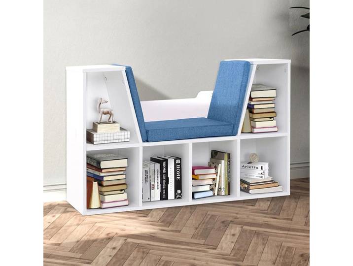 Bibliothèque banc 2 en 1 - 6 casiers + 3 coussins - 102L x 30P x 61H cm Blanc Bleu