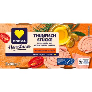 Edeka Fischkonserve Herzstücke Thunfischstücke, mit Olivenöl und getrockneten Tomaten, MSC zertifiziert, 2x80g