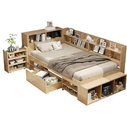 OKWISH Multifunktionales Stauraumbett 90x200 cm Holzoptik mit Lattenrost, Schubladen, Regalen und Schrankelementen, platzsparendes Funktionsbett Natürlich