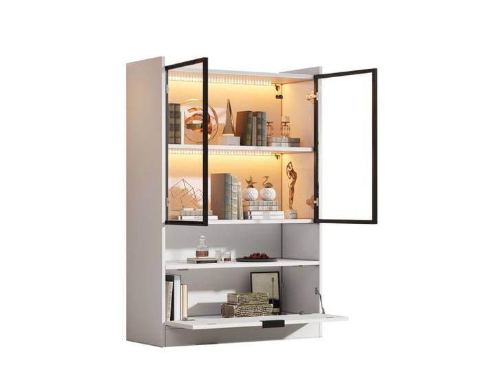 Vitrine LED – Blanc mat – Panneaux de particules et verre trempé – 80 x 35 x 120 cm