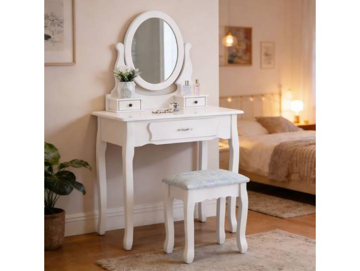 Coiffeuse avec miroir et chaise Coiffeuse table avec 3 Tiroirs Miroir pivotant à 360° Coiffeuse bureau 2 en 1 Blanc
