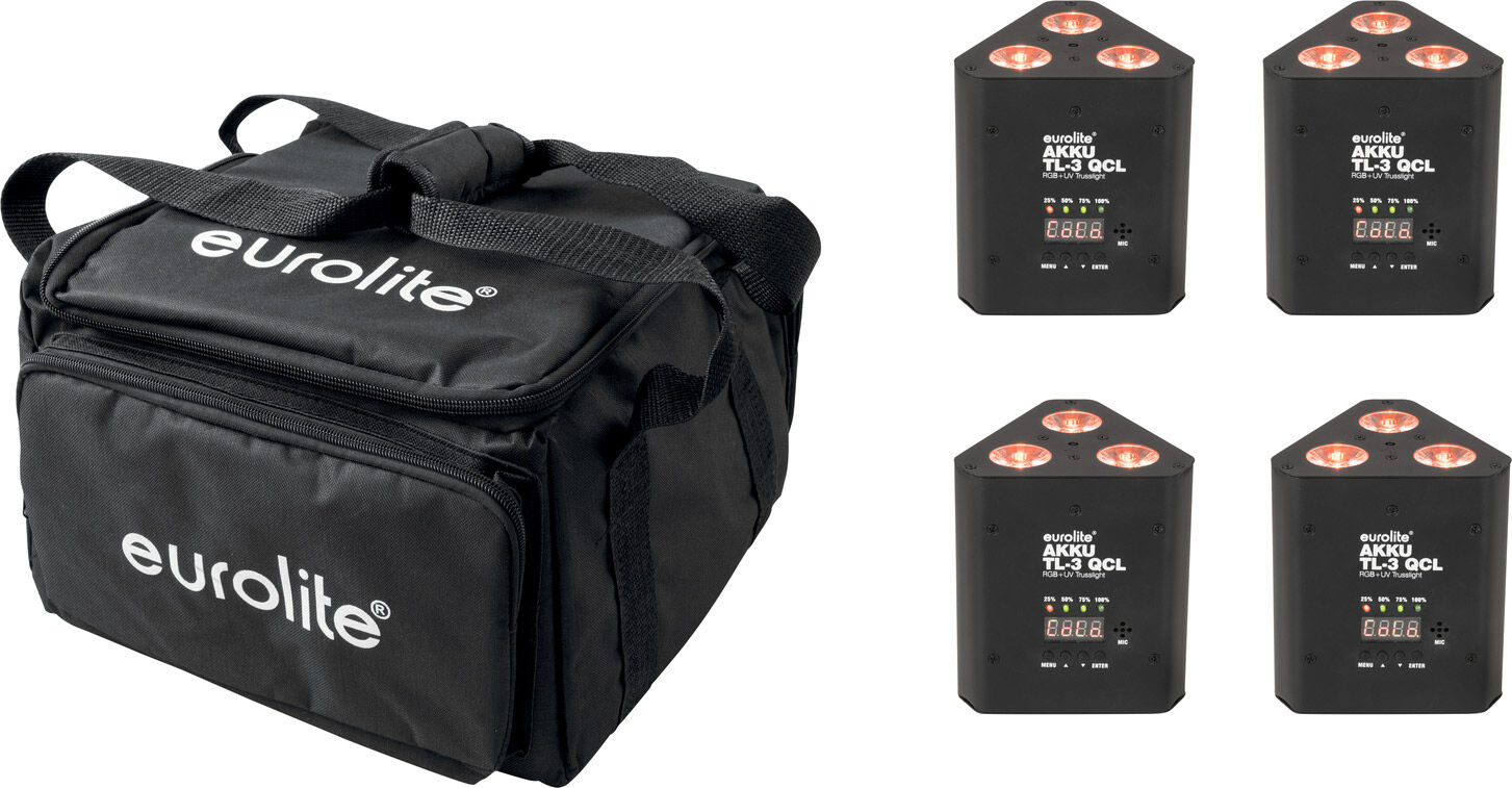EuroLite Set 4x Akku Tl-3 Qcl Rgb+uv Trusslight + Sb-4 Soft Bag