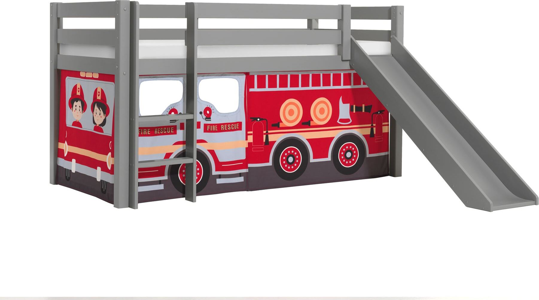 Kinderbett mit Rutsche Karolina Massivholz Grau Textilset Feuerwehr