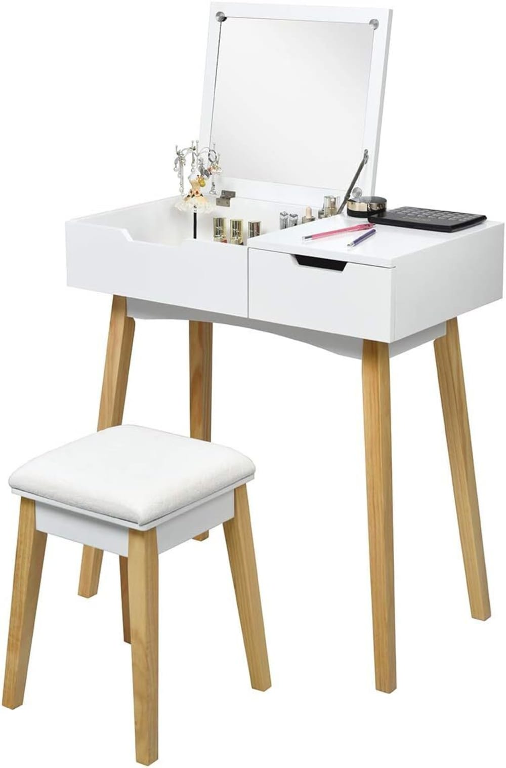 Giantex Ensemble de coiffeuse et tabouret avec miroir rabattable Blanc 74x115x40cm