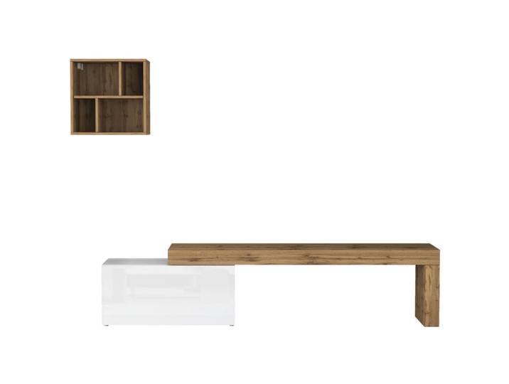 Ensemble meuble tv 180/260 cm effet bois blanc brillant et chêne