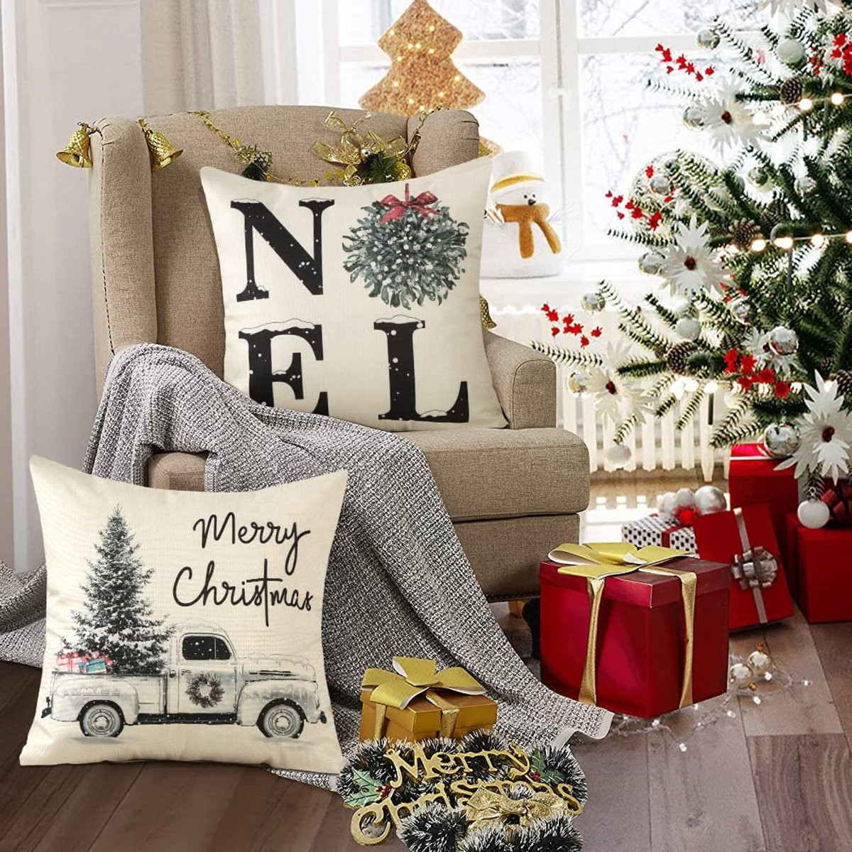Unyqoos Set van 4 decoratieve kussenhoezen met kerstthema