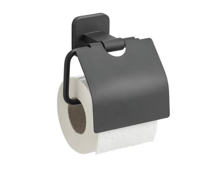 Wenko Papierhalter mit Klappe Porto 6,5/14,5/13 cm, Schwarz, Metall, 14.5x13x6.5 cm, Badezimmer, WC Ausstattung, Toilettenpapierhalter