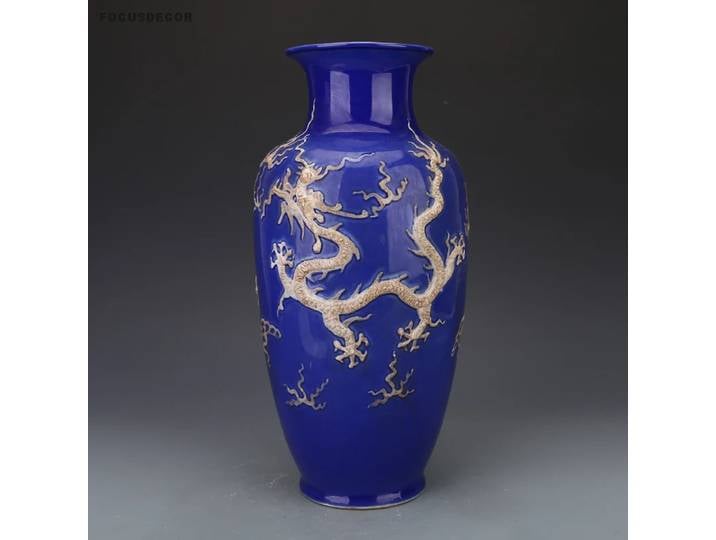 Yuan – Vase en céramique, poterie bleu marine, motif Dragon en Relief, bouteille orientale Antique en porcelaine chinoise, Vase Rare
