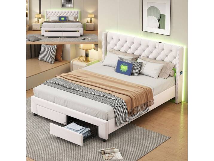 Lit 160x200 cm - NMONET - Beige - Tête de lit capitonnée - LED intégrée - USB