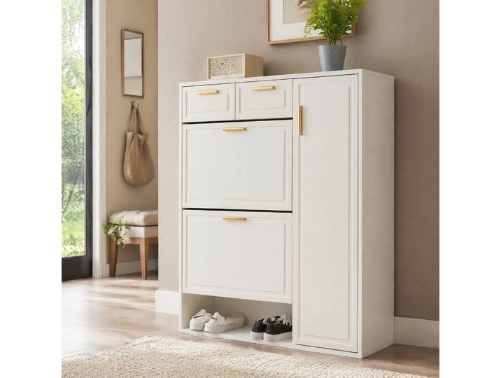 Meubliv Meuble À Chaussures Blanc 95x24x107 Cm – Étagères Réglables\, 2 Tiroirs