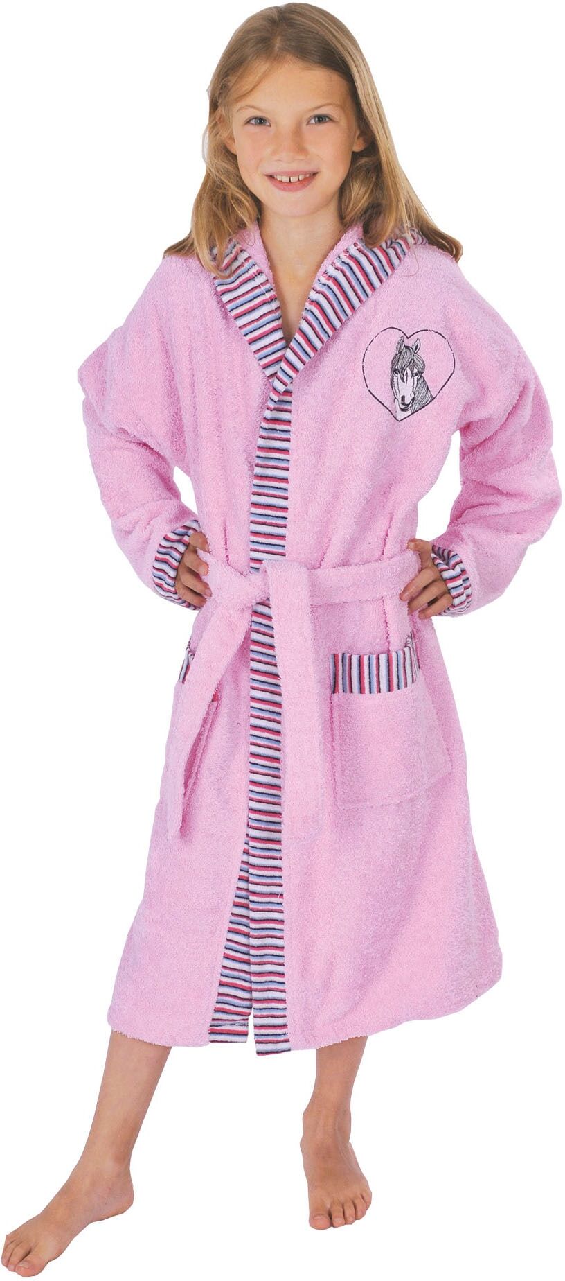 Kinderbademantel WÖRNER "Pferd rosa" Gr. 152, rosa, L:90cm, Baumwoll-Webfrottier, Hausmäntel, Kinderbademantel, mit Stickerei, mit Taschen, maschinenwaschbar, trocknergeeignet rosa 152 L: 90cm, N-Gr