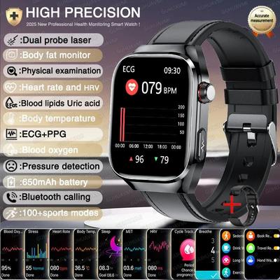 2026 AI Health Smart Watch AMOLED Bluetooth Call Fitness Tracker With ECG & Wellness Monitoring black Leather scientific Diagnosis