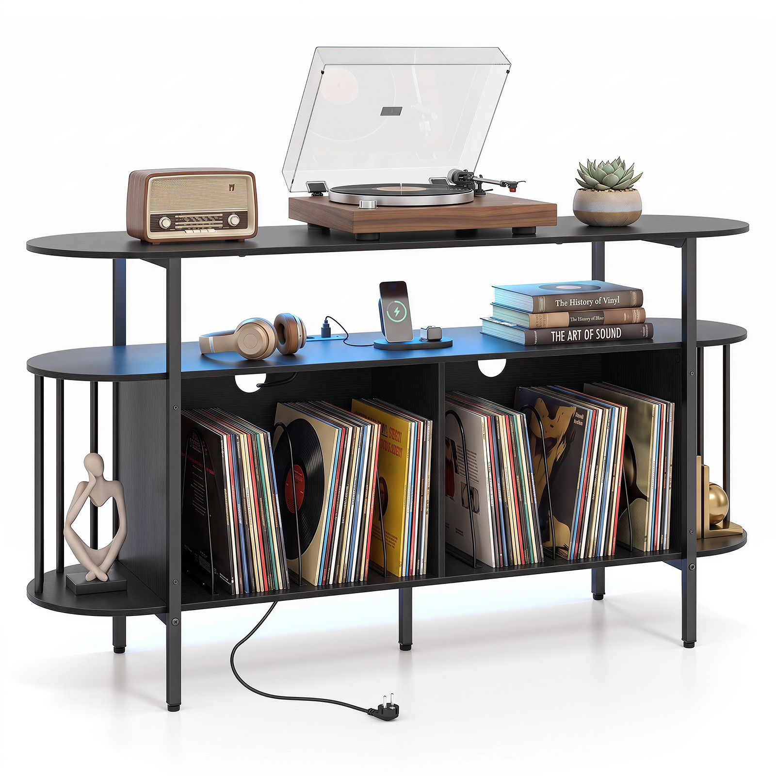 Costway Platen Speler Standaard met Oplaadstation en Gekleurde LED Verlichting Zwart B/D/H: 140 x 40 x 76,5 cm