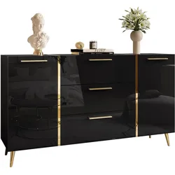 SIDEBOARDS MIT SCHUBLADEN ONYX AUF GOLDENEN BEINEN HOCHGLANZ 158 CM
