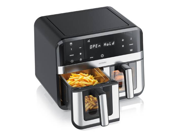 Arendo Heißluftfritteuse XXL Doppelkammer Airfryer 9L, Dual Zone, Sichtfenster mit Beleuchtung, 2400 W, mit Zubehör, Touchscreen, 3D Umluftsystem, fettarmes gesundes Kochen
