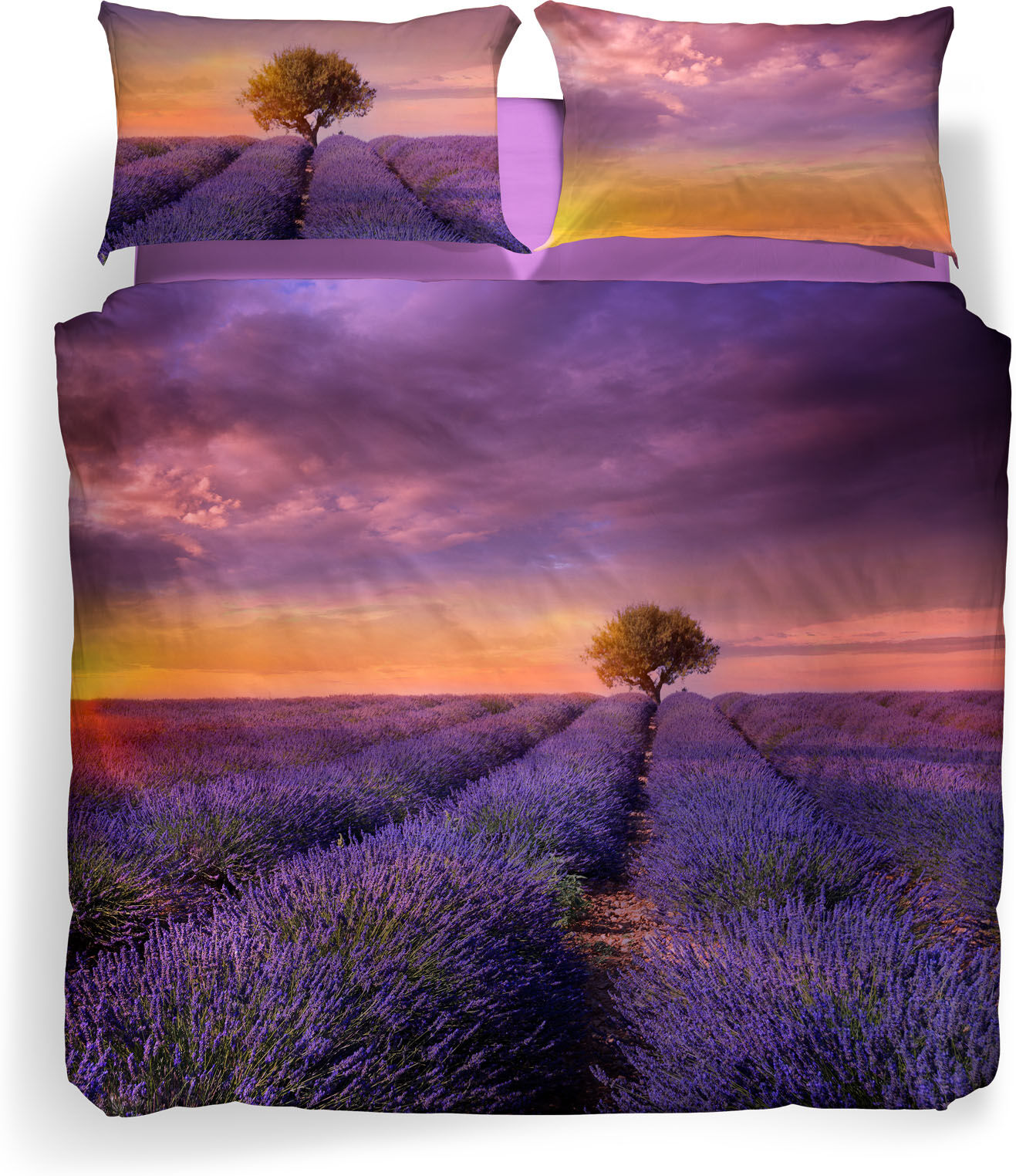 Completo Copripiumino in Cotone Lavender-sunset Matrimoniale Sogni di Viaggio Fotografico Caleffi