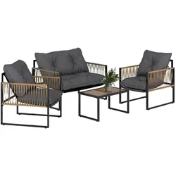 Outsunny Gartenmöbel-Set, 4-teilig, Sofa, 2 Stühle, Tisch mit Glasplatte, Metallgestell, Polyrattan, Anthrazit
