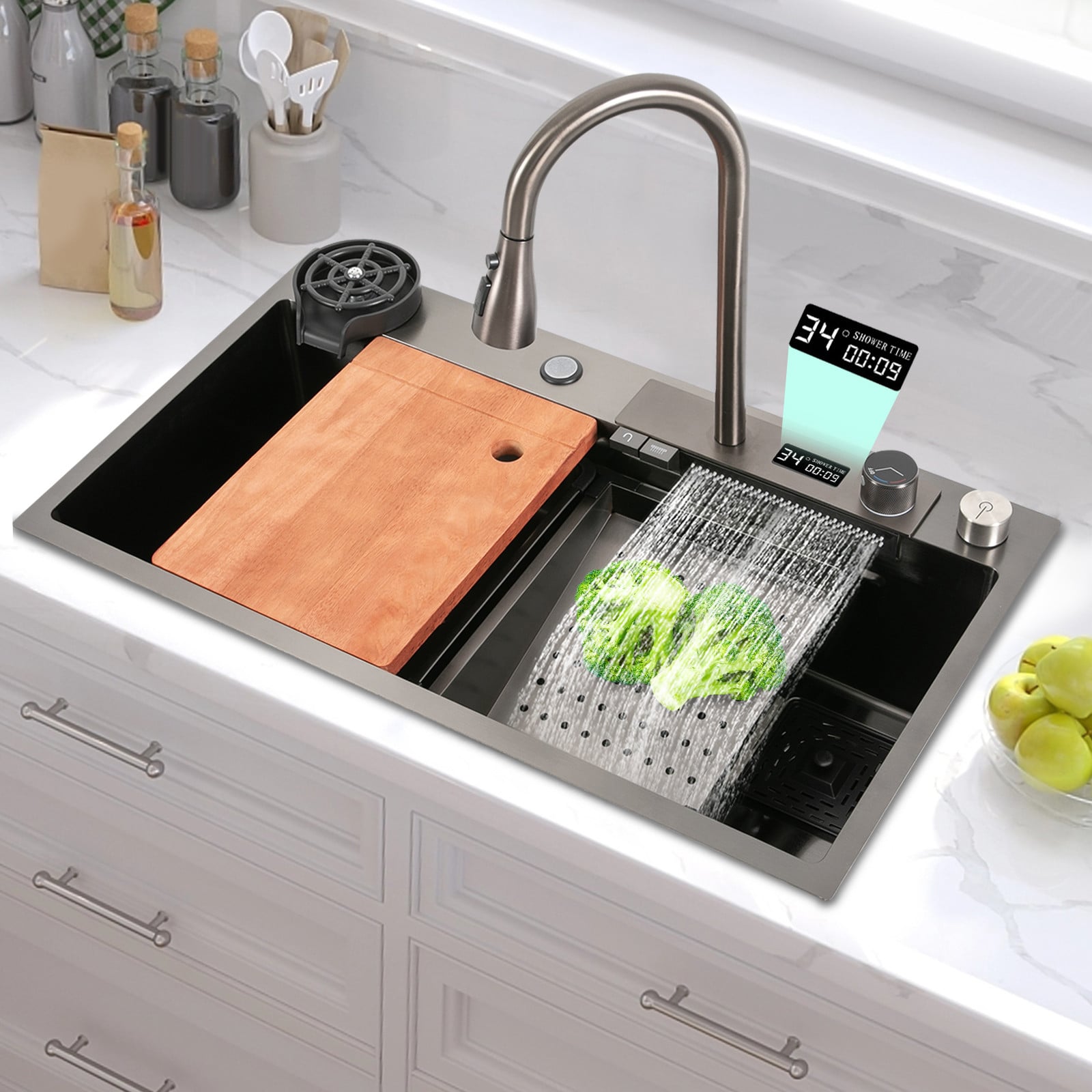 Easybuy Digitale multifunctionele roestvrijstalen keukenspoelbak met kraan, B/D/H: 80 x 46 x 20 cm