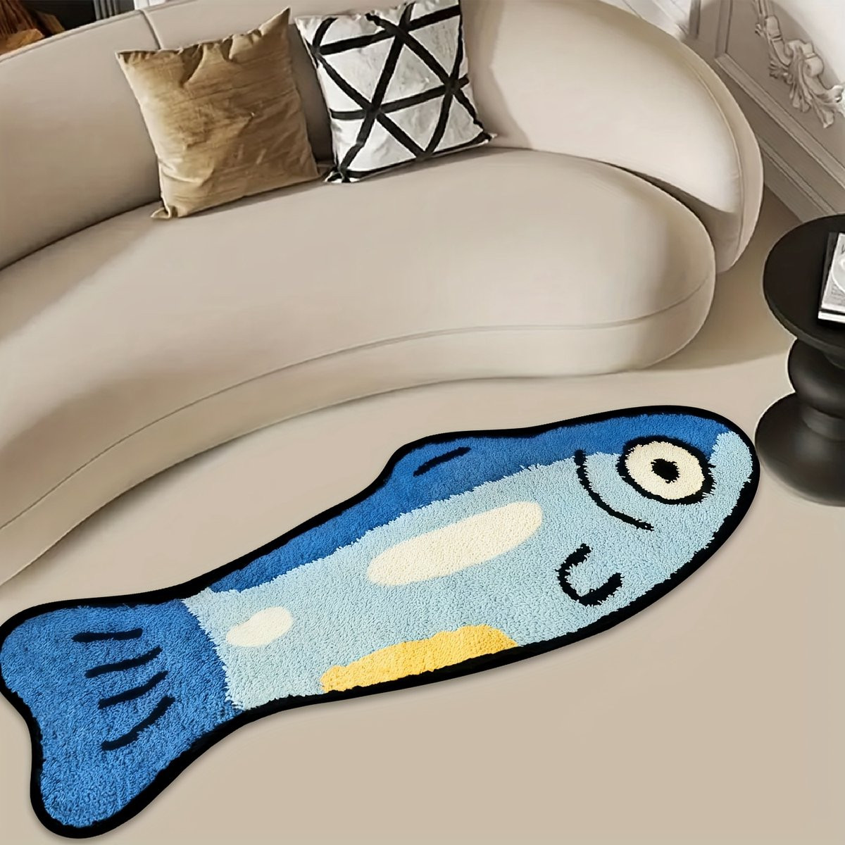 Zachte vloermat met blauwe visjes van gestippeld flanel voor slaapkamer, hal of keuken, wasbaar