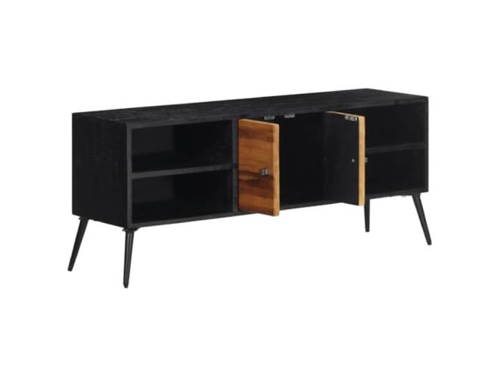 GKHPYURE TV-Schrank 112 x 31 x 45 cm aus massivem Teakholz Massives Teakholz, Eisen, mehrschichtiges Holz, schwarzer Rahmen, Stauraum, Ausstellungsplatte, Montage