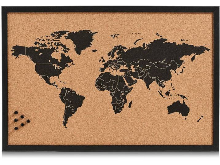 Pinnwand ZELLER PRESENT World , braun (schwarz, braun), B:60cm H:40cm T:1,4cm, Holzrahmen, Kork, Pappe, Tafeln, Pinnwand, Memoboard, aus Kork, Motiv Weltkarte