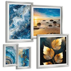 BILDER SET 5er Set - 50x50 cm & 20x30 cm & 40x60 cm Silberner Rahmen - Porträt einer Frau, Auge, Farben, Emotionen