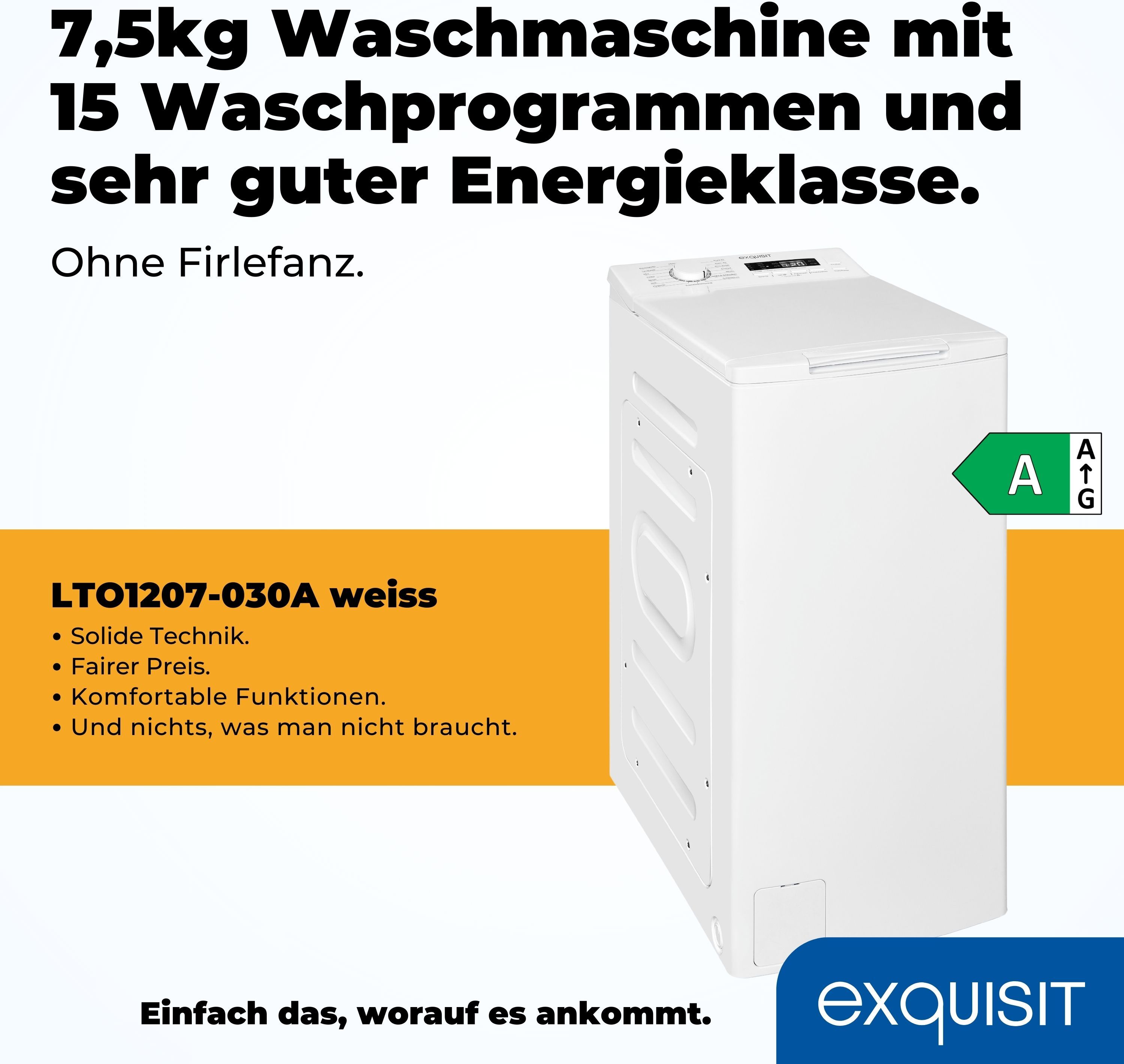 EXQUISIT Waschmaschine Toplader, Energieeffizienz: A, weiß, B:40cm H:87cm T:64cm, Waschmaschinen, Rückenschonend: bequem von oben zu beladen mit softer Türöffnung, Waschmaschine Toplader